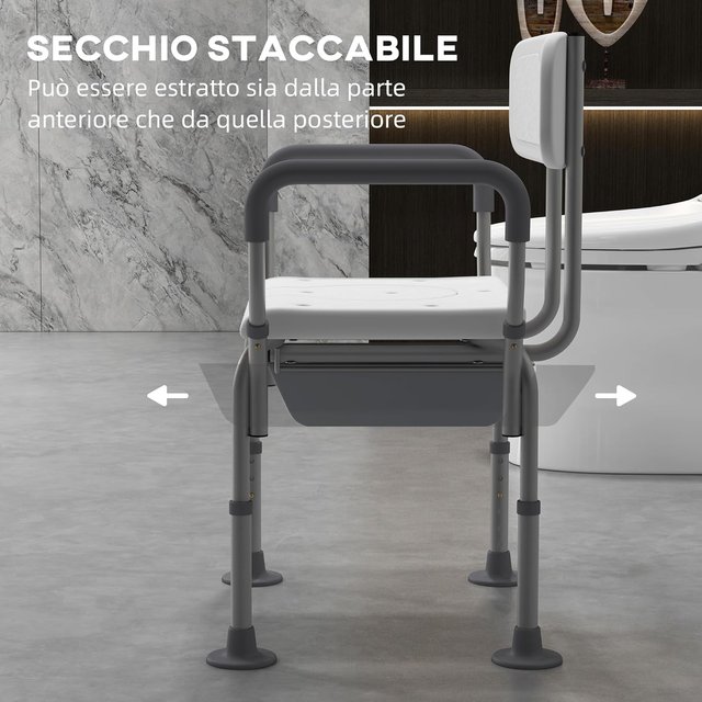 Silla De Ducha 3 en 1 Con Respaldo Y Apoyabrazos, Silla Cómoda Y Silla WC Con Altura Ajustable Y Patas Antideslizantes, Blanco