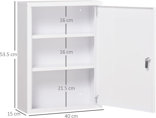 Armario de Medicamentos de Pared de 3 Estantes con 2 Llaves de Seguridad, Armario para Medicamentos de Acero, 40X15X53.5 Cm, Blanco