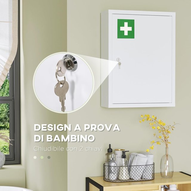 Armario de Medicamentos de Pared de 3 Estantes con 2 Llaves de Seguridad, Armario para Medicamentos de Acero, 40X15X53.5 Cm, Blanco