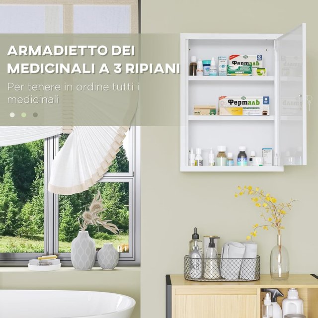 Armario de Medicamentos de Pared de 3 Estantes con 2 Llaves de Seguridad, Armario para Medicamentos de Acero, 40X15X53.5 Cm, Blanco