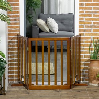 Puerta Plegable para Perros de 3 Paneles con Patas Antideslizantes para Pasillos, Escaleras y Habitaciones, de Madera de Pino, 181X35X76 Cm, Marrón Oscuro