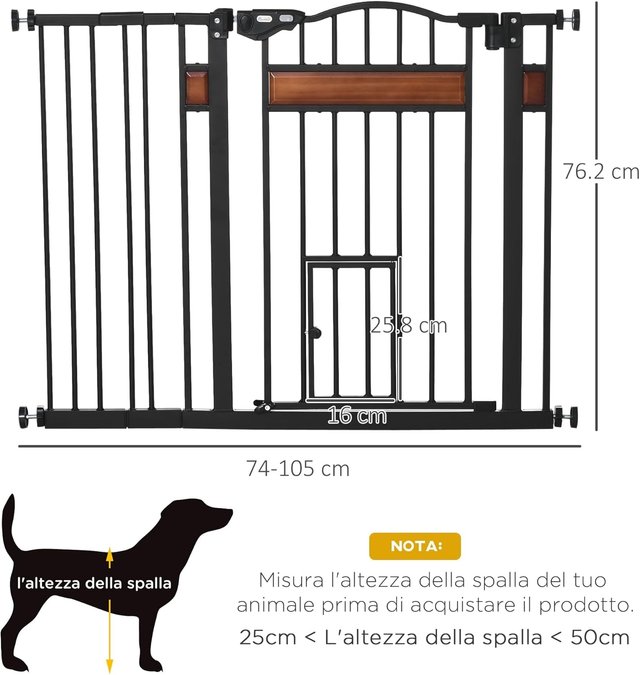 Puerta para Perros de Tamaño Mediano y Pequeño con Cierre Automático, Cancelas para Perros de Acero, Madera de Pino y Plástico, 74-105X76.2 Cm, Negro