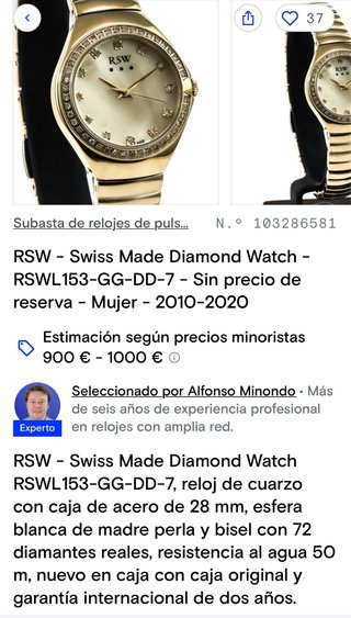 RSW Swiss Made Diamant Reloj Mujer Oro Plata