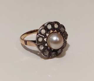 Anillo oro 14k de 1880 con 11 zafiros, perla natur