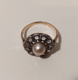 Anillo oro 14k de 1880 con 11 zafiros y perla anti