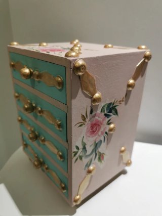 Joyero Vintage Madera Dorado y Rosa