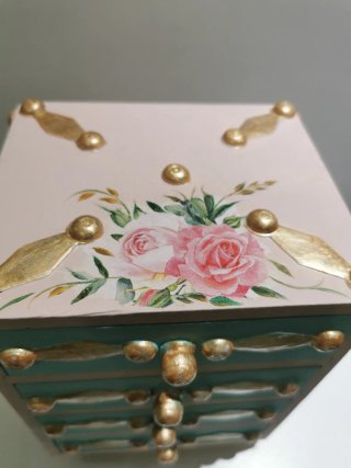 Joyero Vintage Madera Dorado y Rosa