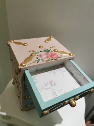 Joyero Vintage Madera Dorado y Rosa
