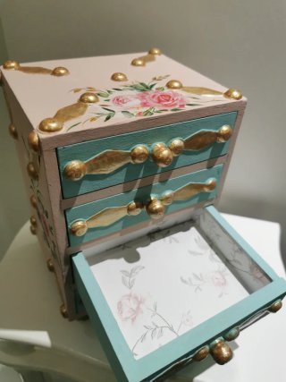 Joyero Vintage Madera Dorado y Rosa