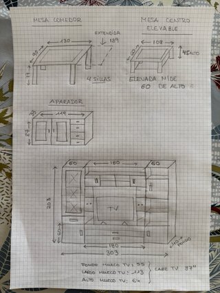 Mueble de salón, 2 mesas, sillas y aparador