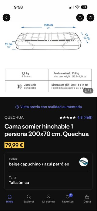 Colchón  catre Hinchable Quechua 70x200 Camping