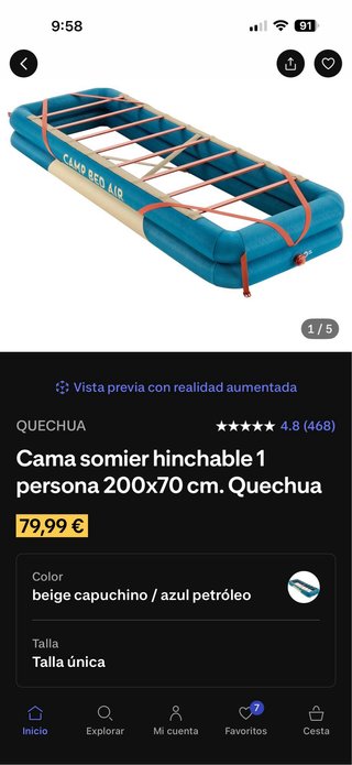 Colchón  catre Hinchable Quechua 70x200 Camping