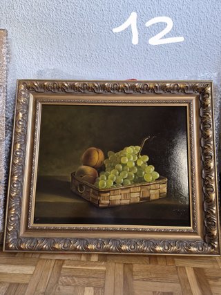 Cuadro bodegón frutas en cesta, marco dorado