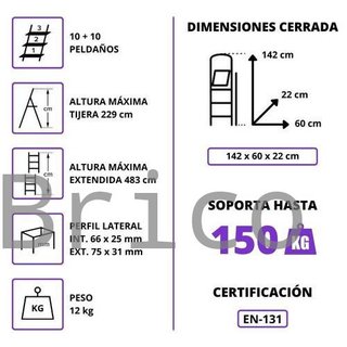 Escalera Telescópica Aluminio 5+5 Pestaña