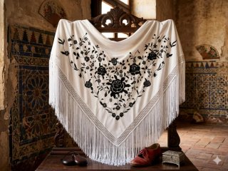 Mantón bordado floral blanco y negro