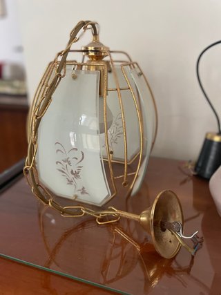 Lampadario ottone vintage vetro inciso