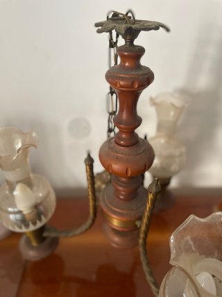 Lampadario 3 bracci legno e ottone