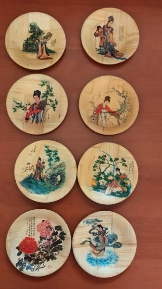 Set 10 Piatti Vintage Bambù Dipinti Artigianali
