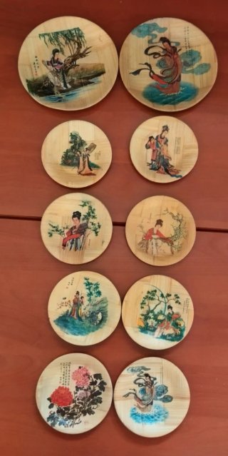 Set 10 Piatti Vintage Bambù Dipinti Artigianali