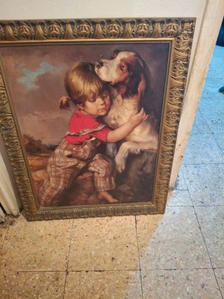 Cuadro niño y perro abrazados