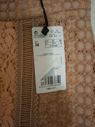 Falda tubo Mango Talla 36 Beige/Rosa Encaje