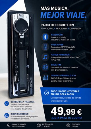Radio Coche 1 DIN Bluetooth USB