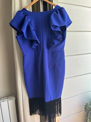 Vestido fiesta azul con flecos negros