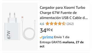 Cargador Xiaomi 67W Carga Rápida Original NUEVO