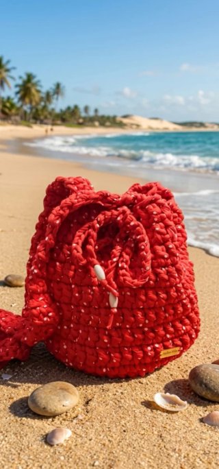 Bolsa de crochê vermelha com bolinhas brancas