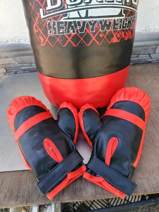 Saco de boxeo y guantes rojos