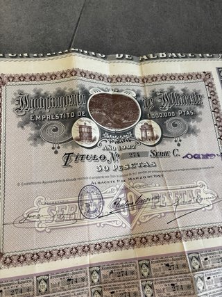 Acción Ayuntamiento Albacete 1927 1.000.000 PTAS