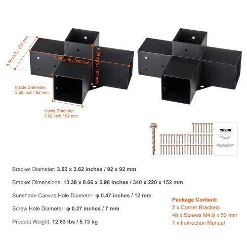 Kit de Soporte para Pérgola 10.2 cm x 10.2 cm, Tamaño Interno 9.1 cm x 9.1 cm 2pcs Soporte de Esquina de 4 Vías de Alta Resistencia para Trabajos en Madera DIY, Instalación Fácil de Vigas de Mader...