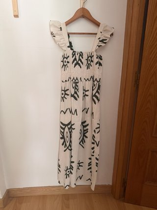 Vestido largo estampado ojos beige y negro