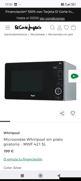 Microondas Whirlpool 25L con Grill