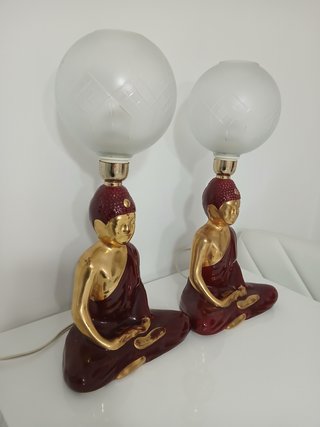 Coppia Lampade Buddha Vintage Ceramica Oro Rosso