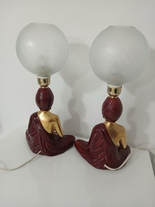Coppia Lampade Buddha Vintage Ceramica Oro Rosso