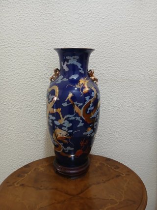 Jarrón de Porcelana China Dragones Azul Dorado