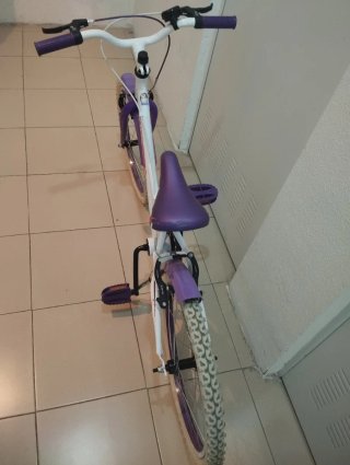 Bicicleta infantil morada y blanca