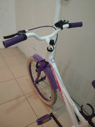 Bicicleta infantil morada y blanca