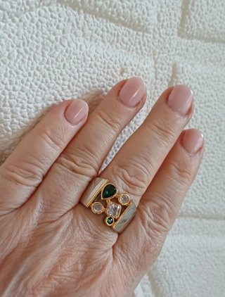 Anello bijoux zirconi verdi e bianchi