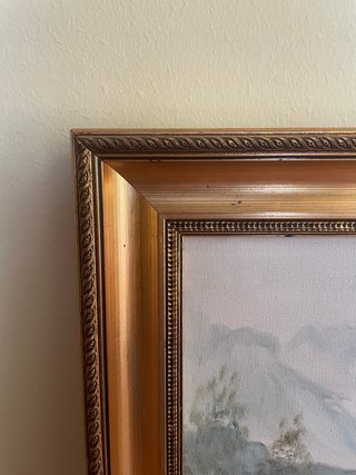 Quadro a olio paesaggio fiume montagna con cornice dorata