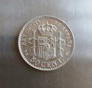 Moneda plata 50 céntimos 1892.