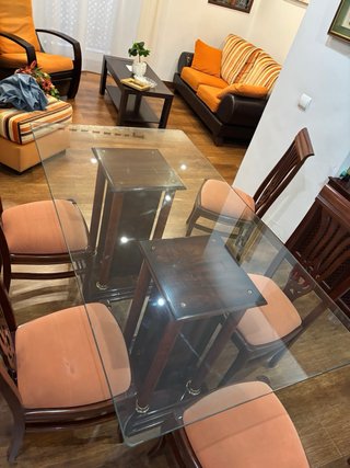 Mesa Comedor Cristal y 6 Sillas Madera