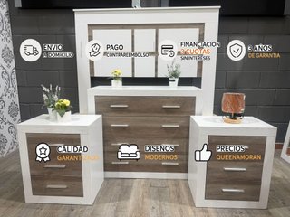 ️ Pack dormitorio completo – Cabecero + 2 mesitas + cómoda