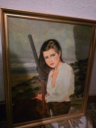 Cuadro antiguo mujer con escopeta
