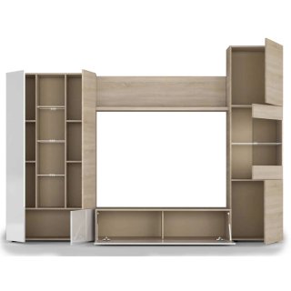 Mueble modular salón madera y blanco