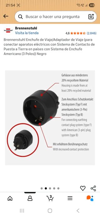 Adaptador Enchufe USA Brennenstuhl Negro