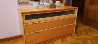Comò da camera da letto in legno e cristallo con specchio