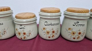 Set 8 Tarros Cerámica Cocina Madera Flores