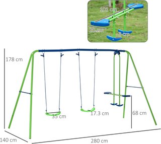 Set di altalene da giardino per 4 bambini, 1 altalena doppia e 2 altalene singole, capacità di peso 45Kg (altalena) 180Kg (totale), 280X140X178Cm